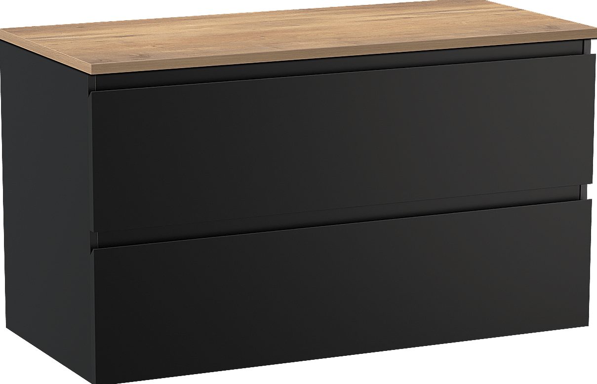 Linie Lado zwevend badmeubel 100 x 46 cm mat zwart met Lado enkel of dubbel wastafelblad in melamine naturel eiken