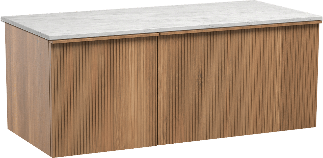 Balmani Forma hängendes Möbelstück Set: 120 x 55 cm, Teak, mit Stretto Einzel- oder Doppel Waschtischplatte, Marmor, Carrara, Vertikale symmetrische gerade Rippe