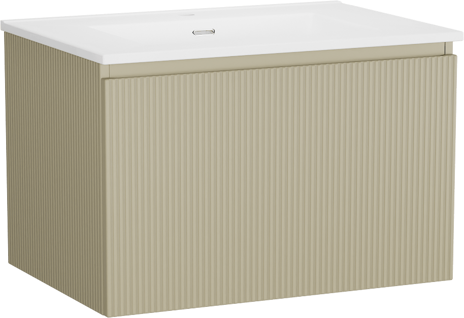 Storke Ribs meuble salle de bains suspendu 75 x 52 cm soie grise avec Kera plan simple en porcelaine blanc mat, Nervure droite symétrique verticale, bonde incluse