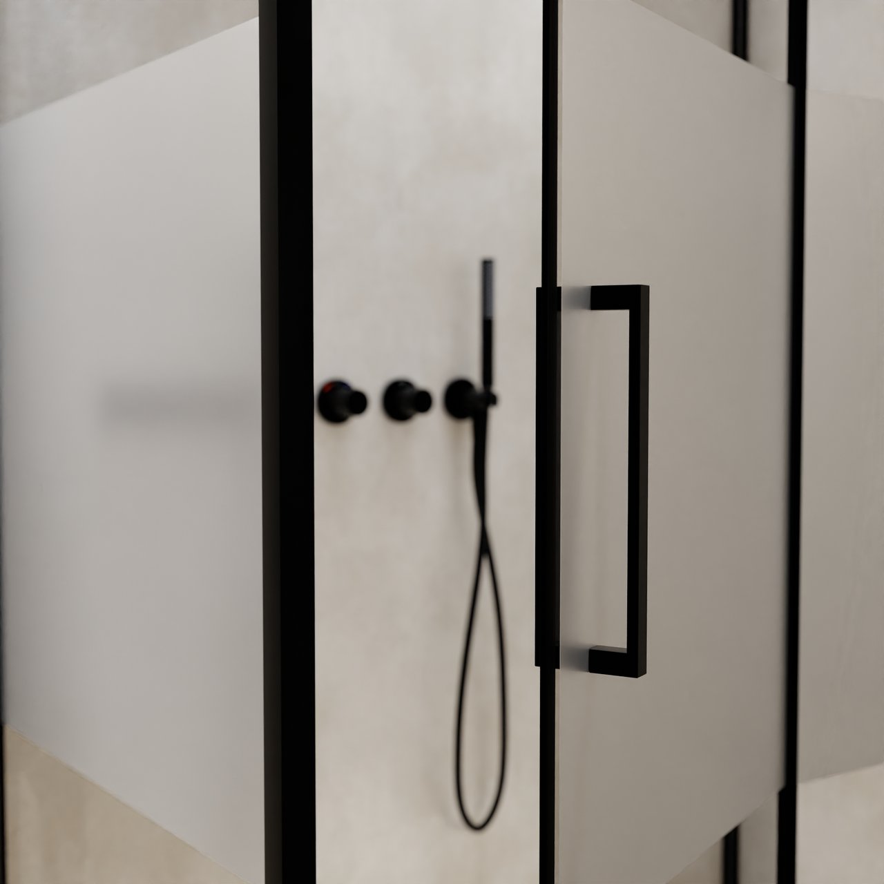 Balmani Senses Design douchecabine met rechtse draaideur en vaste zijwand, 100 x 100 cm, Helder glas met matte strook, Zwarte profielen