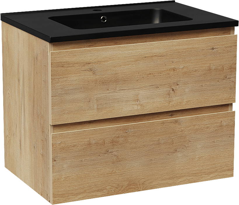 Linie Lado hängendes Möbelstück Set: 70 x 46 cm, Naturbelassene Eiche, mit Vano Einzelwaschtisch, Marmorkomposit Schwarz matt