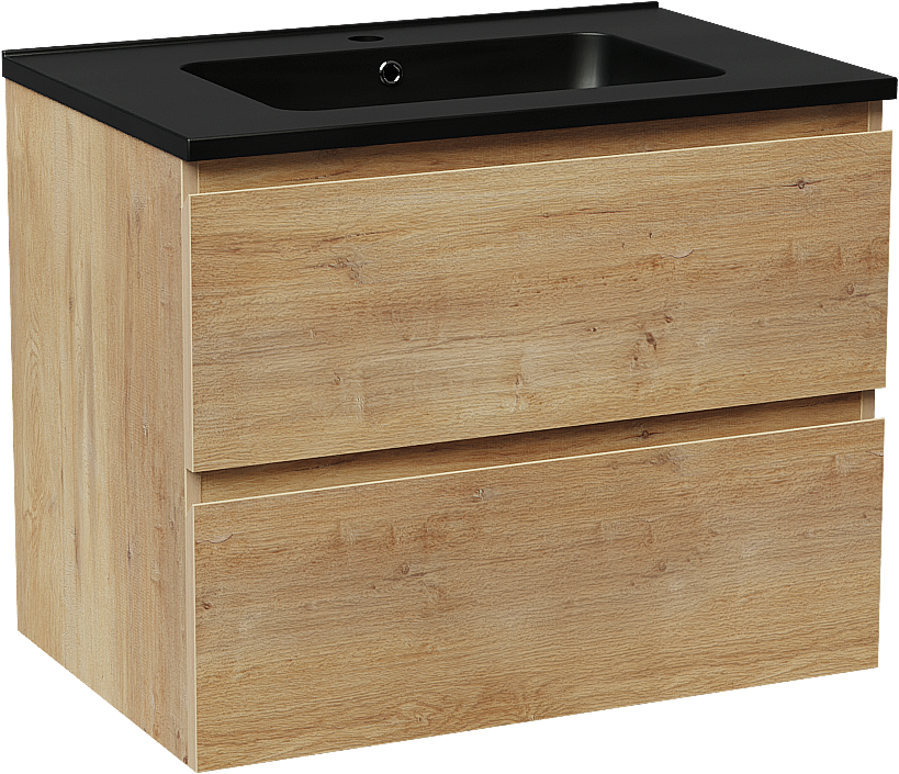 Linie Lado meuble salle de bains suspendu 70 x 46 cm chêne naturel avec Vano plan simple en marbre composite noir mat