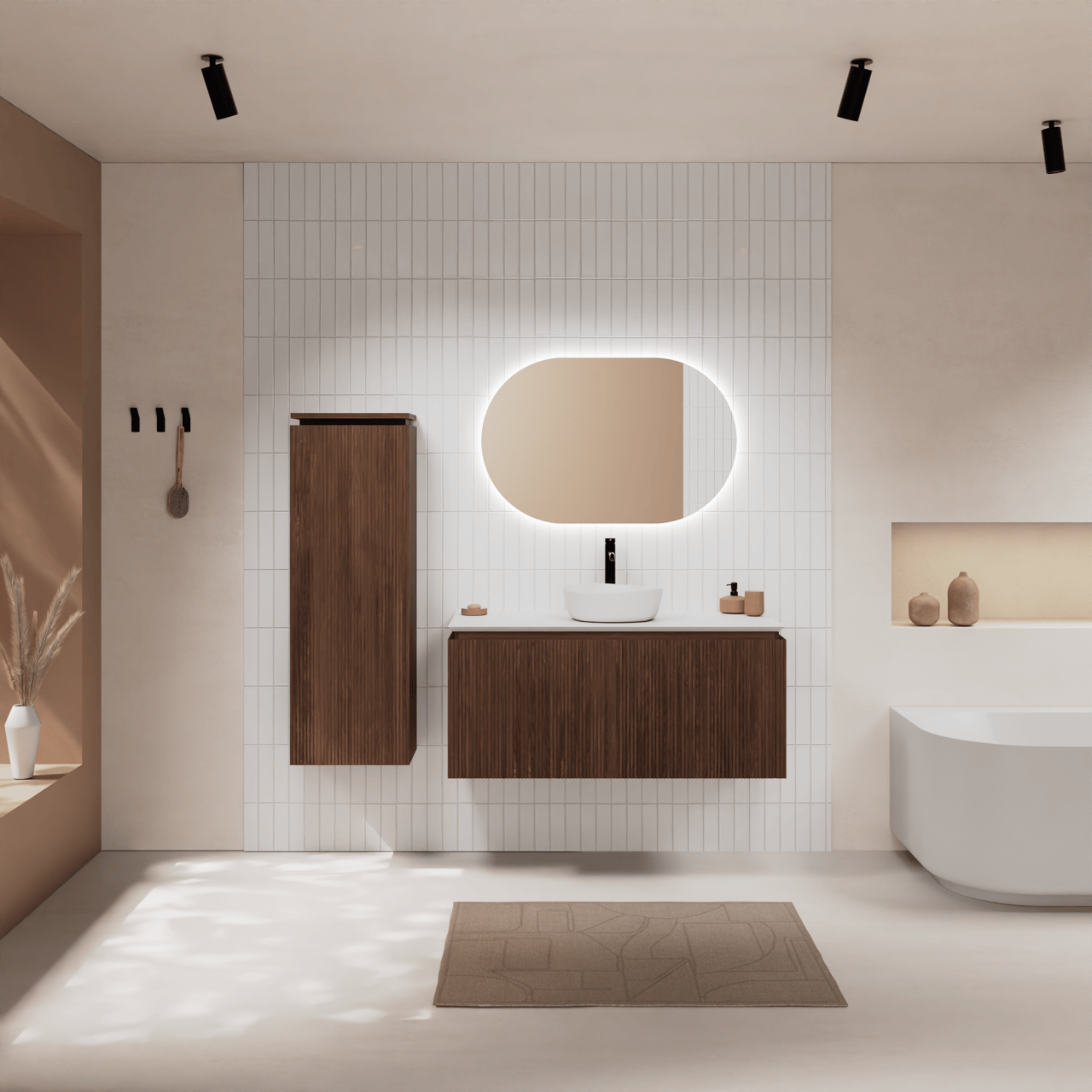 Balmani Eclips meuble salle de bains suspendu 120 x 55 cm Noyer américain avec Eclips tablette simple ou double en Solid Surface blanc mat, Nervure droite symétrique verticale