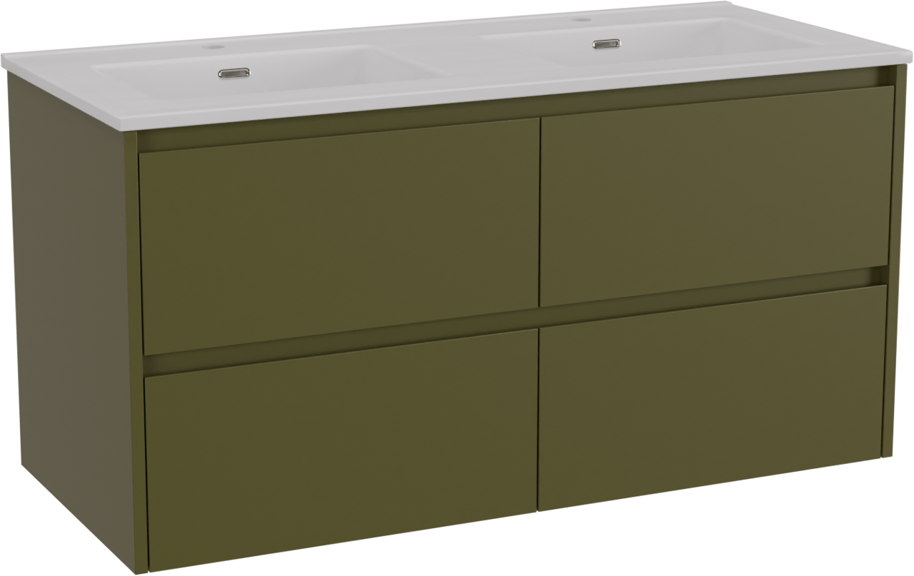 Storke Seda meuble salle de bains suspendu 120 x 52 cm vert olive avec Kera double vasque en céramique blanc mat