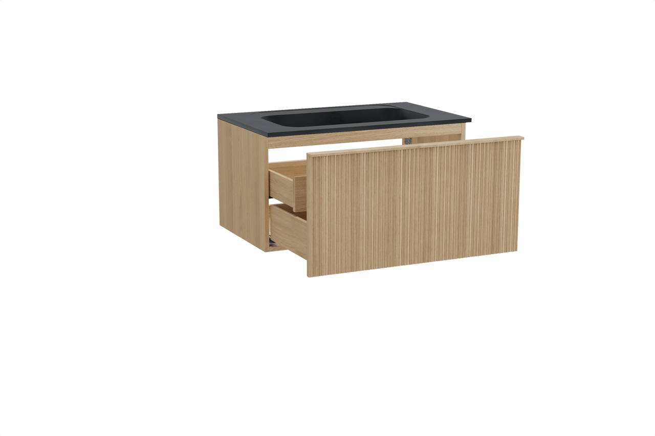 Balmani Forma zwevend badmeubel 90 x 55 cm naturel eiken met Tablo Strada enkele wastafel in composietmarmer mat zwart, Verticale asymmetrische ronde ribbel