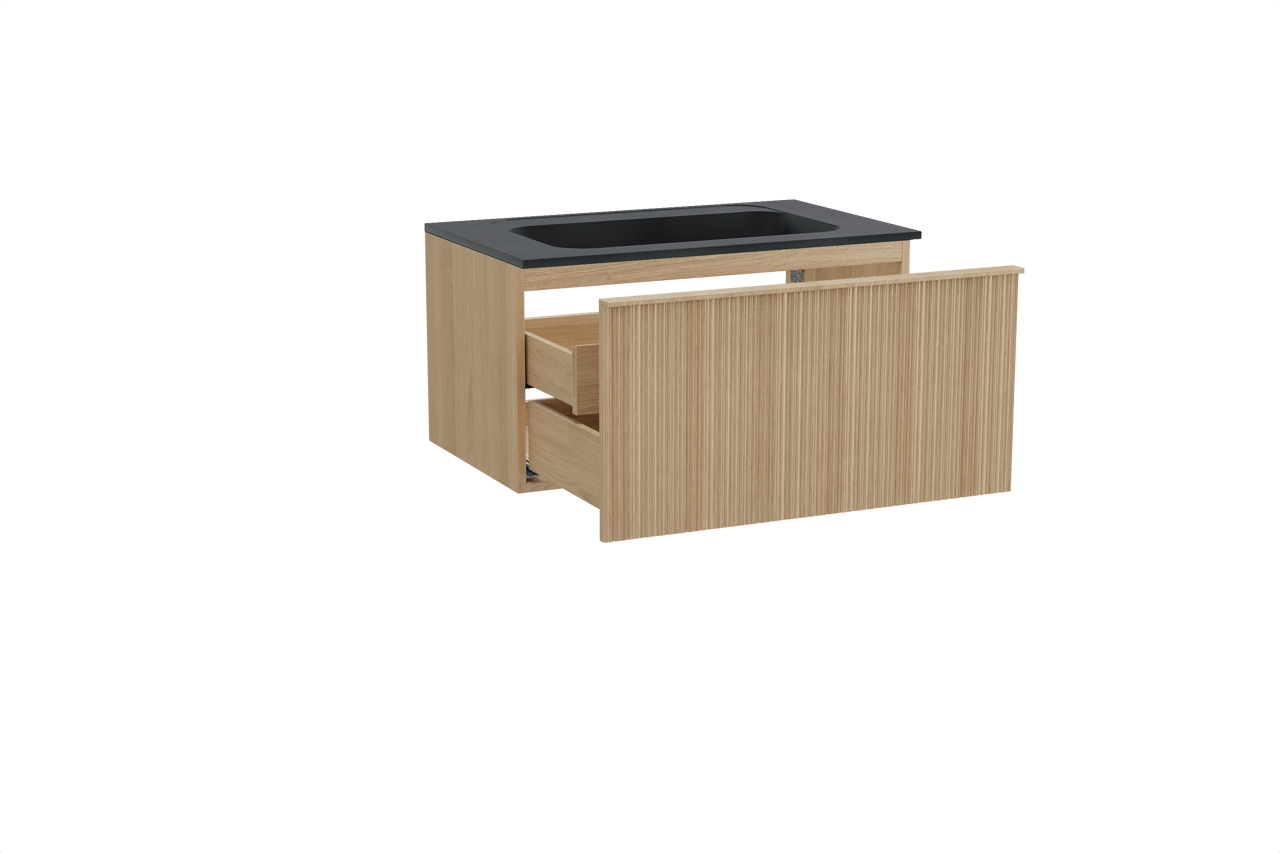 Balmani Forma meuble salle de bains suspendu 90 x 55 cm chêne naturel avec Tablo Strada plan simple en marbre composite noir mat, Nervure circulaire asymétrique verticale