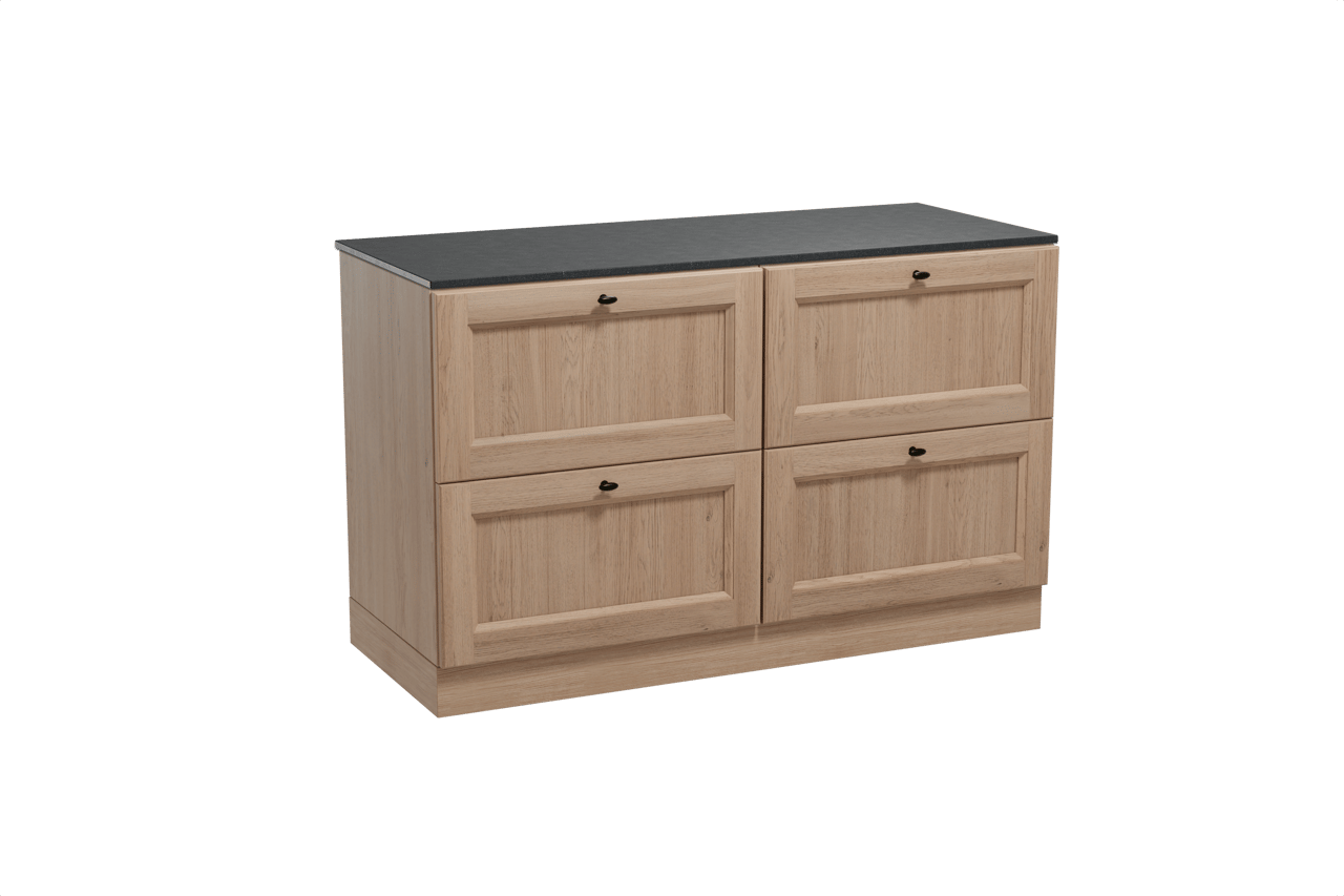 Balmani Lemon freistehendes Möbelstück Set: 135 x 55 cm, Verwitterte Eiche, mit Stretto Einzel- oder Doppel Waschtischplatte, Schwarzes Granit