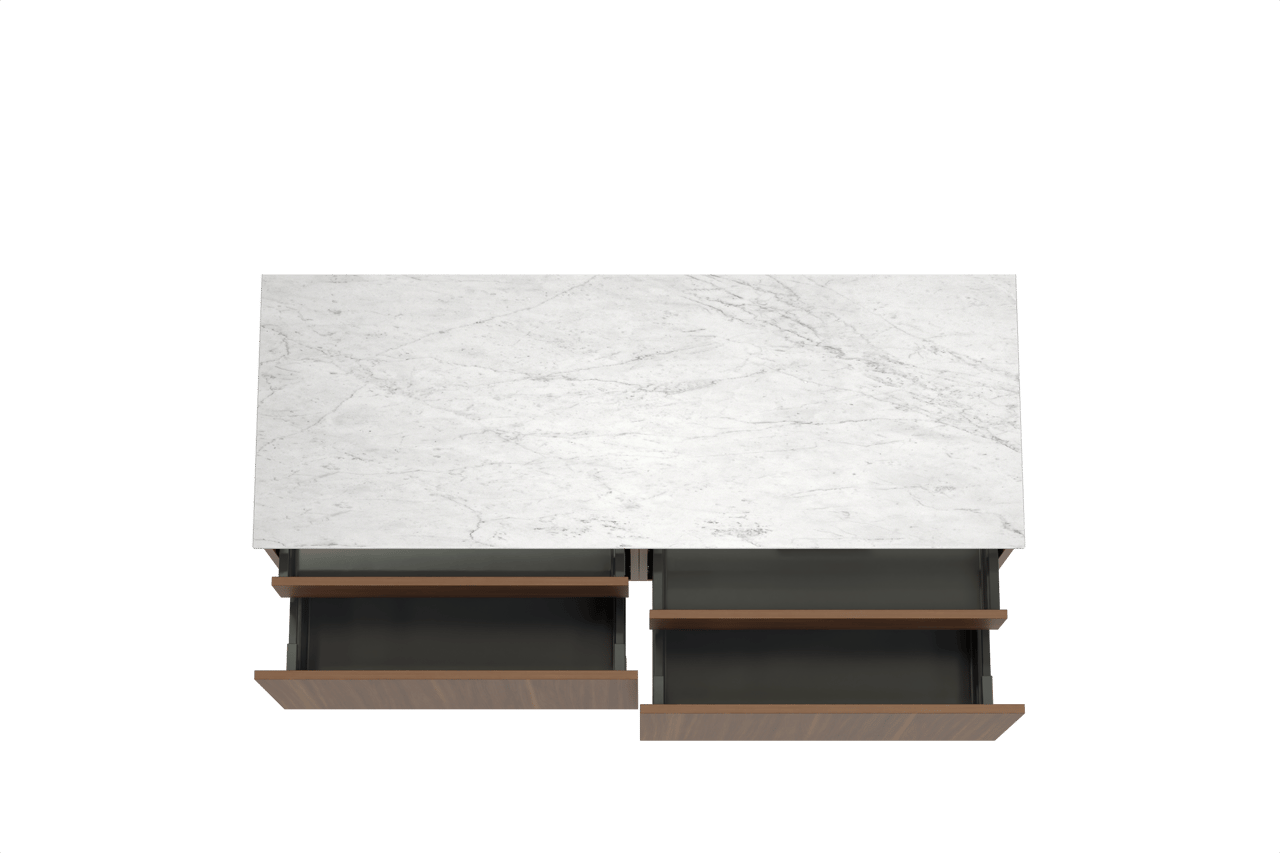 Balmani Sfera zwevend badkamermeubel 150 x 55 cm amerikaanse notelaar met Stretto enkel of dubbel tablet in marmer carrara