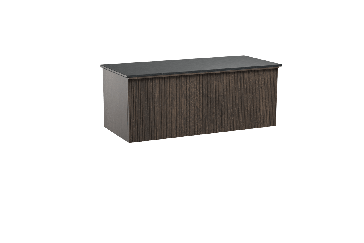 Balmani Forma hängendes Möbelstück Set: 120 x 55 cm, Geräucherte Eiche, mit Stretto Einzel Waschtischplatte, Granit, Schwarzes Granit, Vertikale symmetrische gerade Rippe