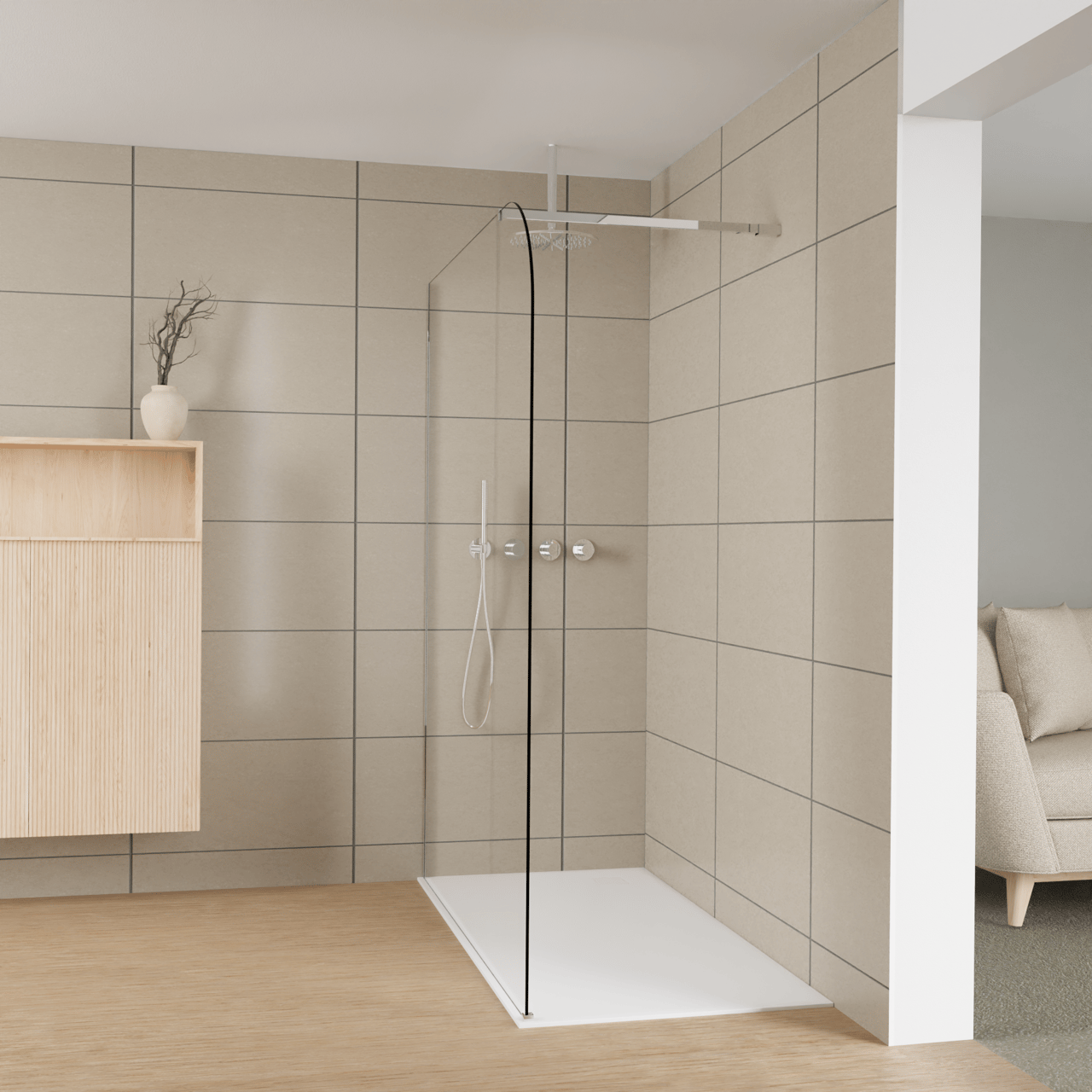 Balmani Modular douche à l'italienne: 160 x 200 cm, Verre transparent arrondi, avec coating, Profil Chrome brillant