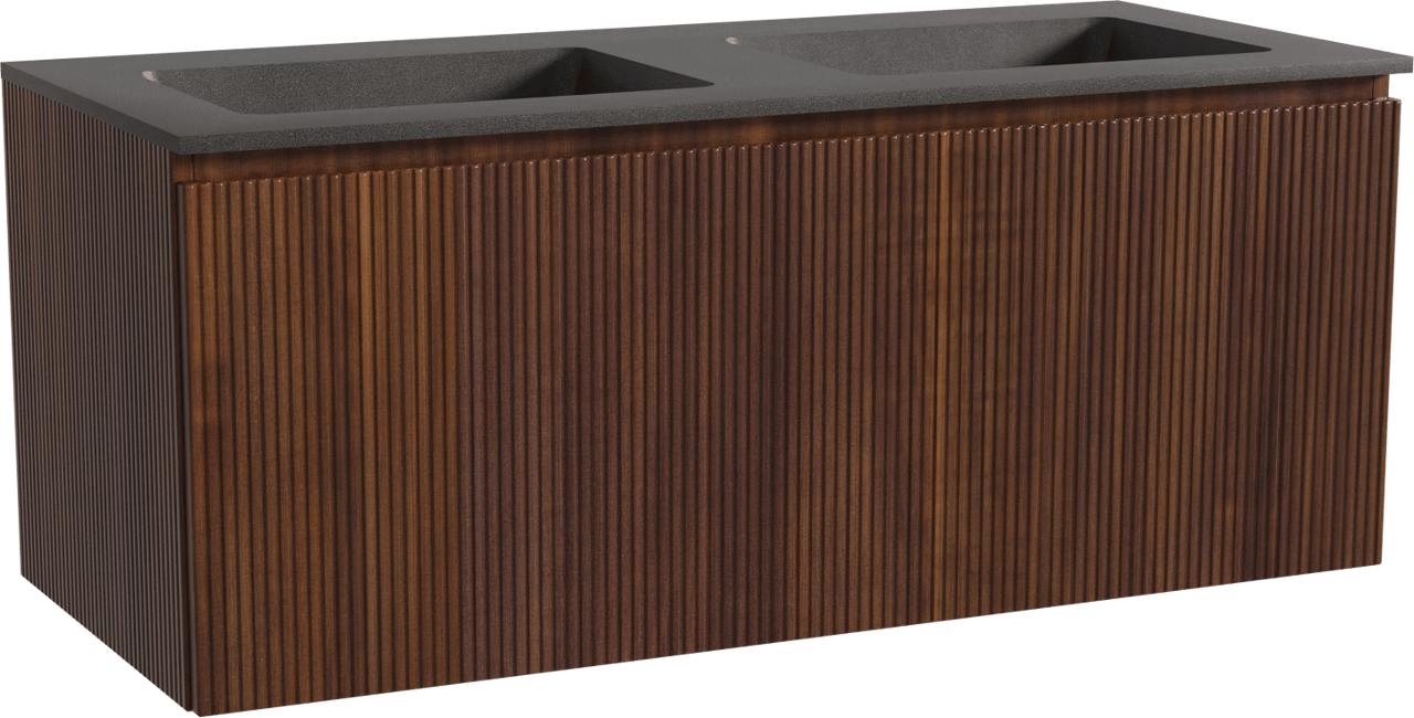 Storke Ribs zwevend badmeubel 120 x 52 cm notenhout met Scuro dubbele wastafel in kwarts mat zwart, Verticale symmetrische rechte ribbel
