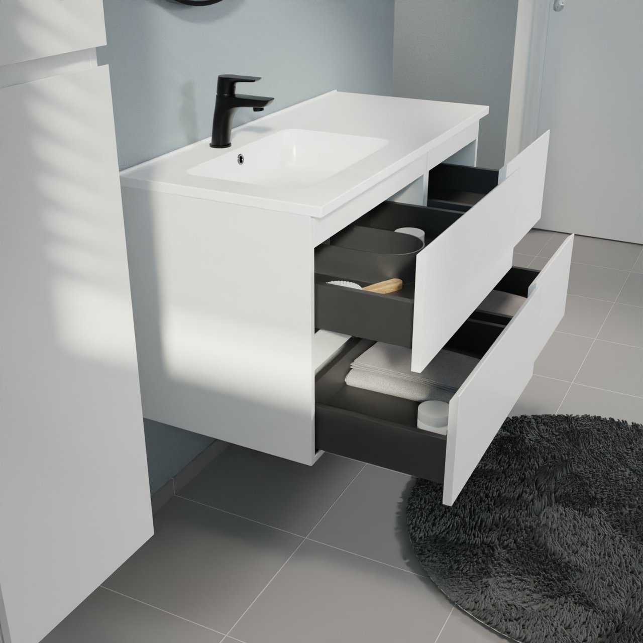 Linie Lado meuble salle de bains suspendu 100 x 46 cm blanc mat avec Vano plan vasque asymétrique à gauche en marbre composite blanc mat