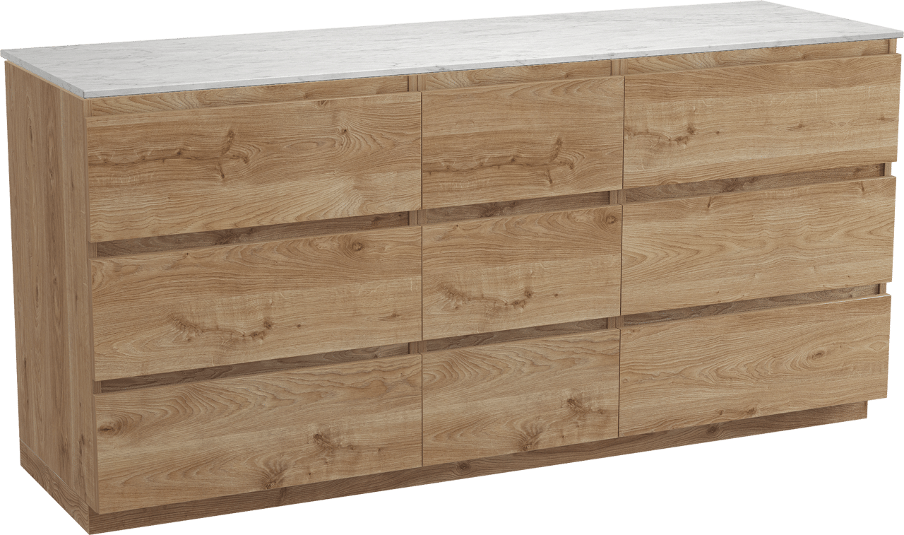 Balmani Lucida freistehendes Möbelstück Set: 180 x 55 cm, Rohe Eiche, mit Stretto Einzel- oder Doppel Waschtischplatte, Marmor Carrara