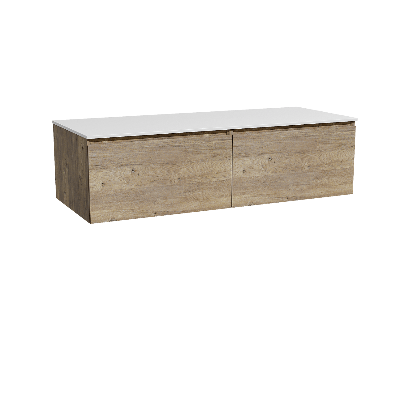 Storke Edge zwevend badmeubel 130 x 52 cm ruw eiken met Tavola enkel of dubbel wastafelblad in solid surface mat wit