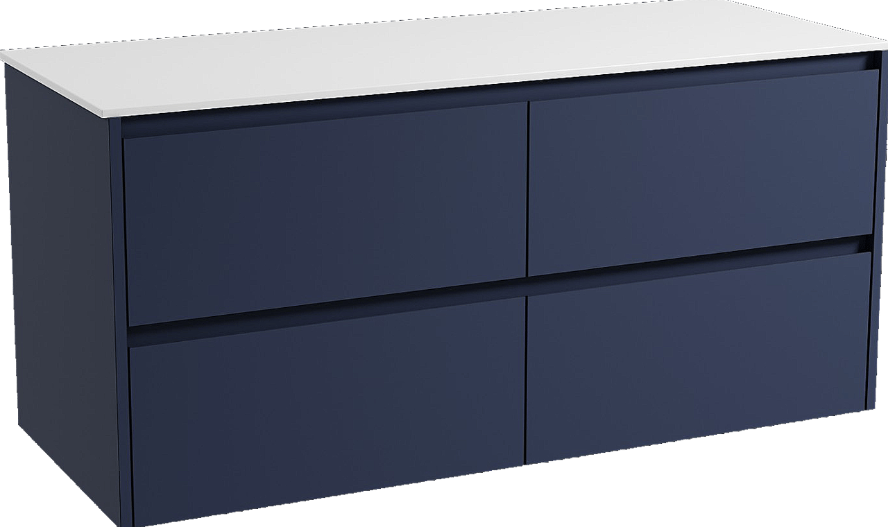 Storke Seda zwevend badkamermeubel 130 x 52 cm nachtblauw met Tavola enkel of dubbel tablet in solid surface mat wit