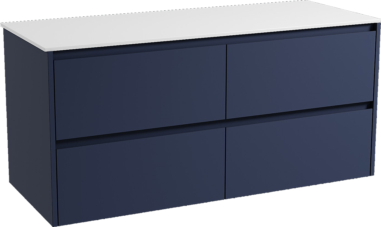 Storke Seda meuble salle de bains suspendu 130 x 52 cm bleu nuit avec Tavola tablette simple ou double en solid surface blanc mat