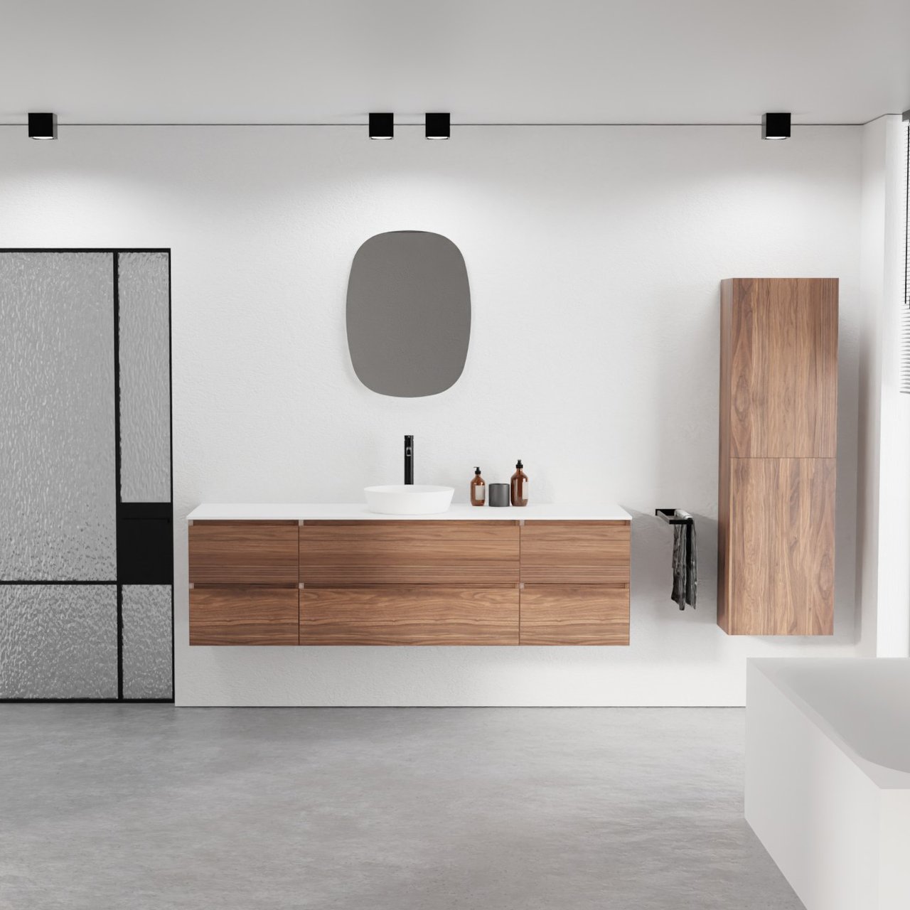 Balmani Mitra zwevend badkamermeubel 180 x 55 cm notelaar met Stretto enkel of dubbel tablet in solid surface mat wit