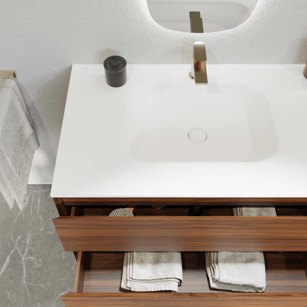 Balmani Mitra hängendes Möbelstück Set: 135 x 55 cm, Nussbaum, mit Tablo Arcato Waschtisch links, Solid Surface Weiß matt