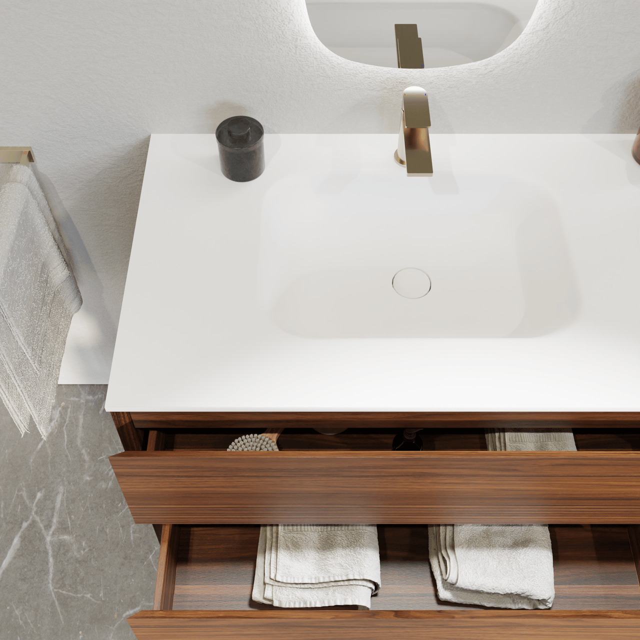 Balmani Mitra zwevend badmeubel 135 x 55 cm notenhout met Tablo Arcato asymmetrisch rechtse wastafel in solid surface mat wit