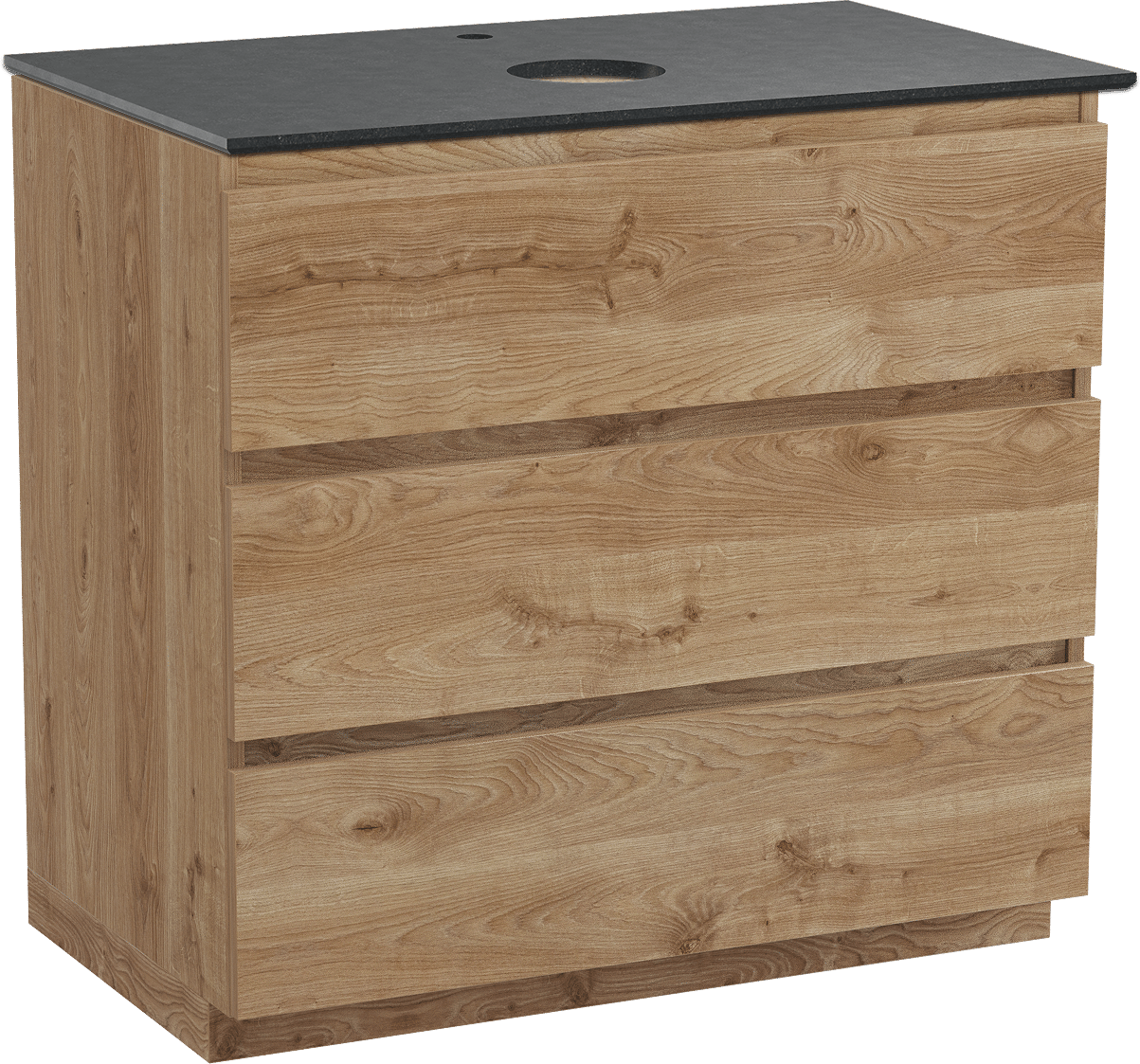 Balmani Lucida freistehendes Möbelstück Set: 90 x 55 cm, Rohe Eiche, mit Facetta Einzel Waschtischplatte, Schwarzes Granit