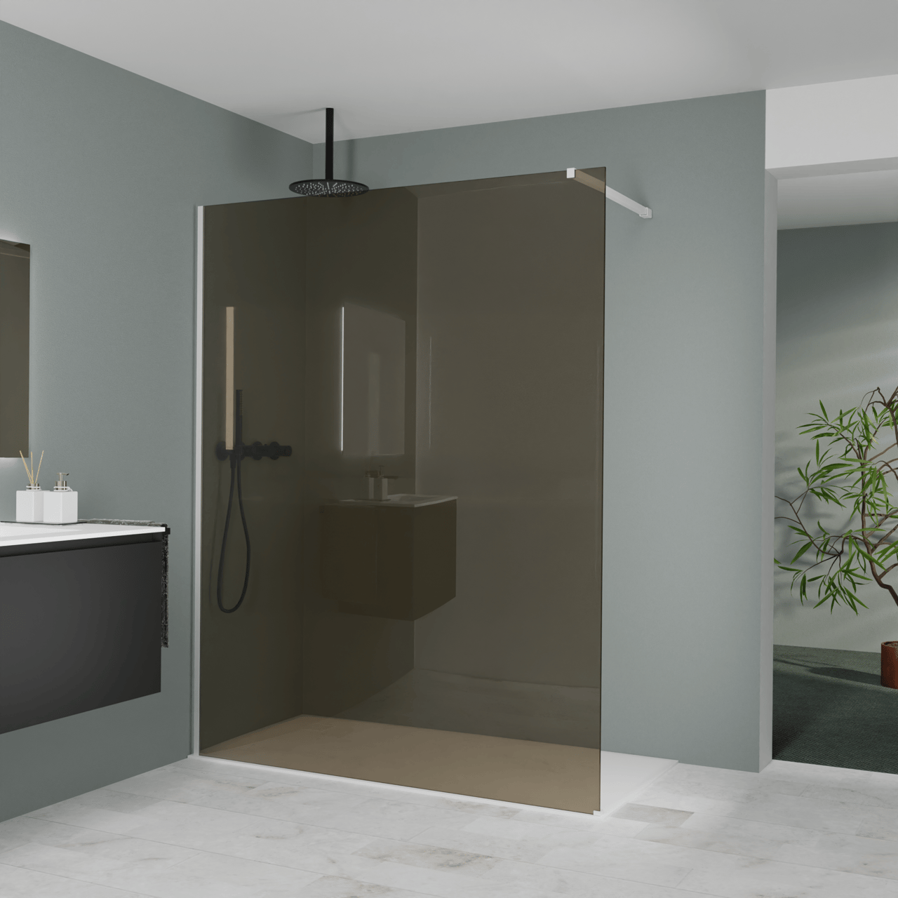 Balmani Modular inloopdouche: 160 x 200 cm, Brons glas met coating, Mat witte profielen