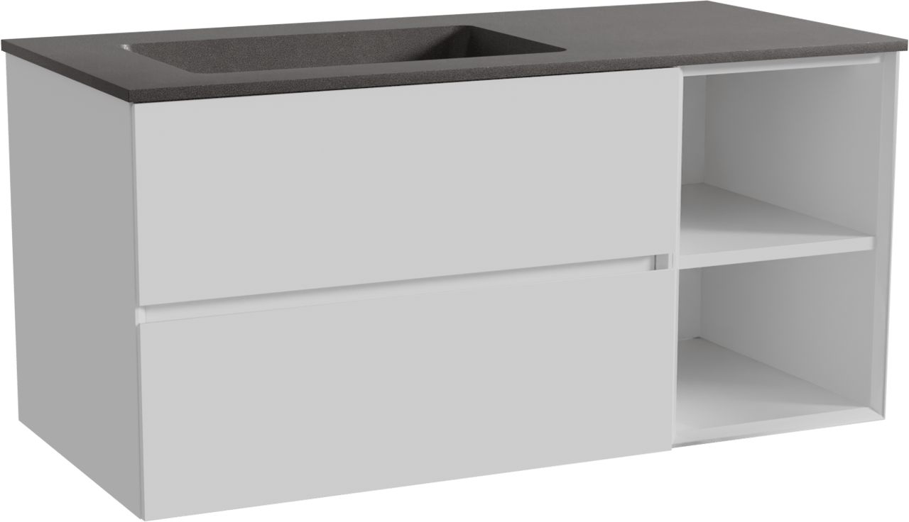 Storke Edge meuble salle de bains suspendu 110 x 52 cm blanc brillant avec Scuro plan vasque asymétrique à gauche en quartz noir mat