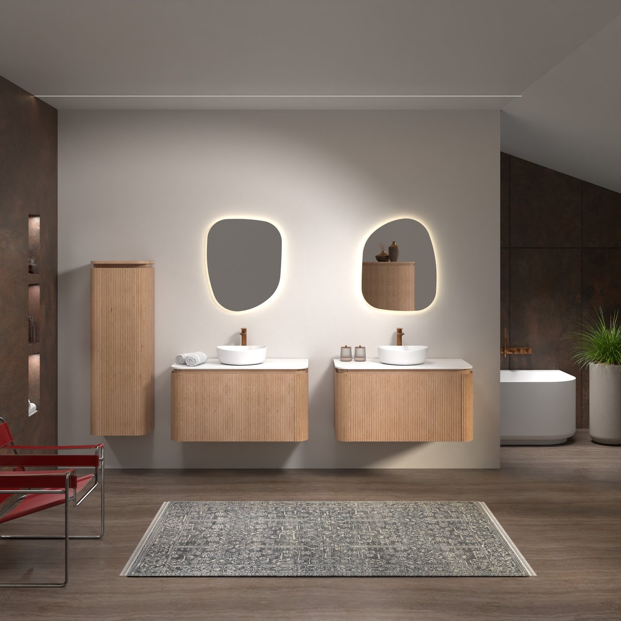 Balmani Moon hängendes Möbelstück Set: 100 x 55 cm, Naturbelassene Eiche, mit Moon Einzel Waschtischplatte, Solid Surface, Weiß matt, Vertikale symmetrische gerade Rippe