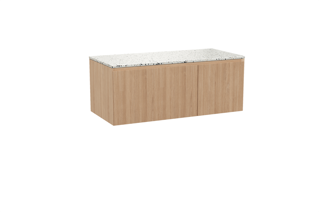 Balmani Fila hängendes Möbelstück Set: 120 x 55 cm, Naturbelassene Eiche, mit Stretto Einzel- oder Doppel Waschtischplatte, Terrazzo in Weiß/Schwarz matt, Vertikale symmetrische gerade Rippe