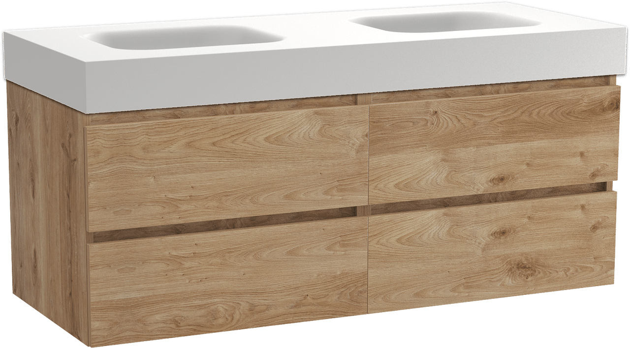 Balmani Lucida meuble salle de bains suspendu 135 x 55 cm chêne brut avec Arcato double vasque en solid surface blanc mat