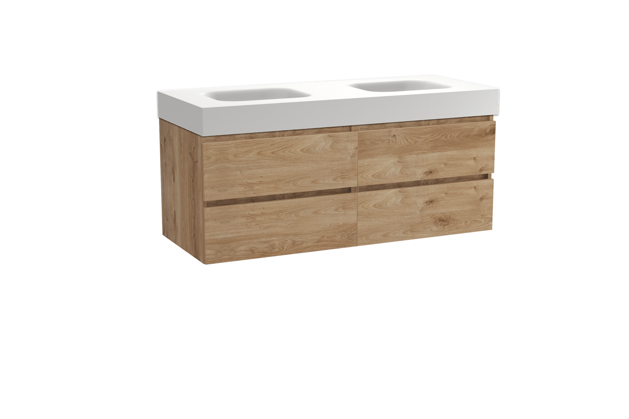 Balmani Lucida zwevend badkamermeubel 135 x 55 cm ruwe eik met Arcato dubbele wastafel in solid surface mat wit