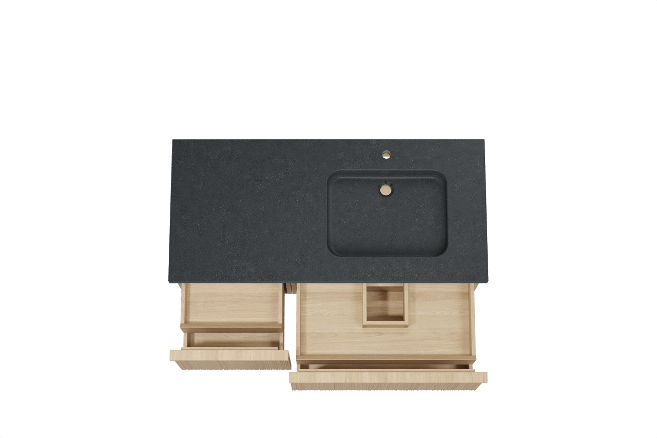 Balmani Forma hängendes Möbelstück Set: 120 x 55 cm, Naturbelassene Eiche, mit Napoli Waschtisch rechts, Granit, Schwarzes Granit, Vertikale asymmetrische Runde Rippe