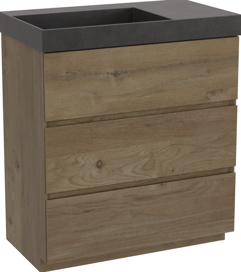 Storke Edge freistehendes Möbelstück Set: 80 x 46 cm, Rohe Eiche, mit Jura Waschtisch links, Quarz Schwarz matt