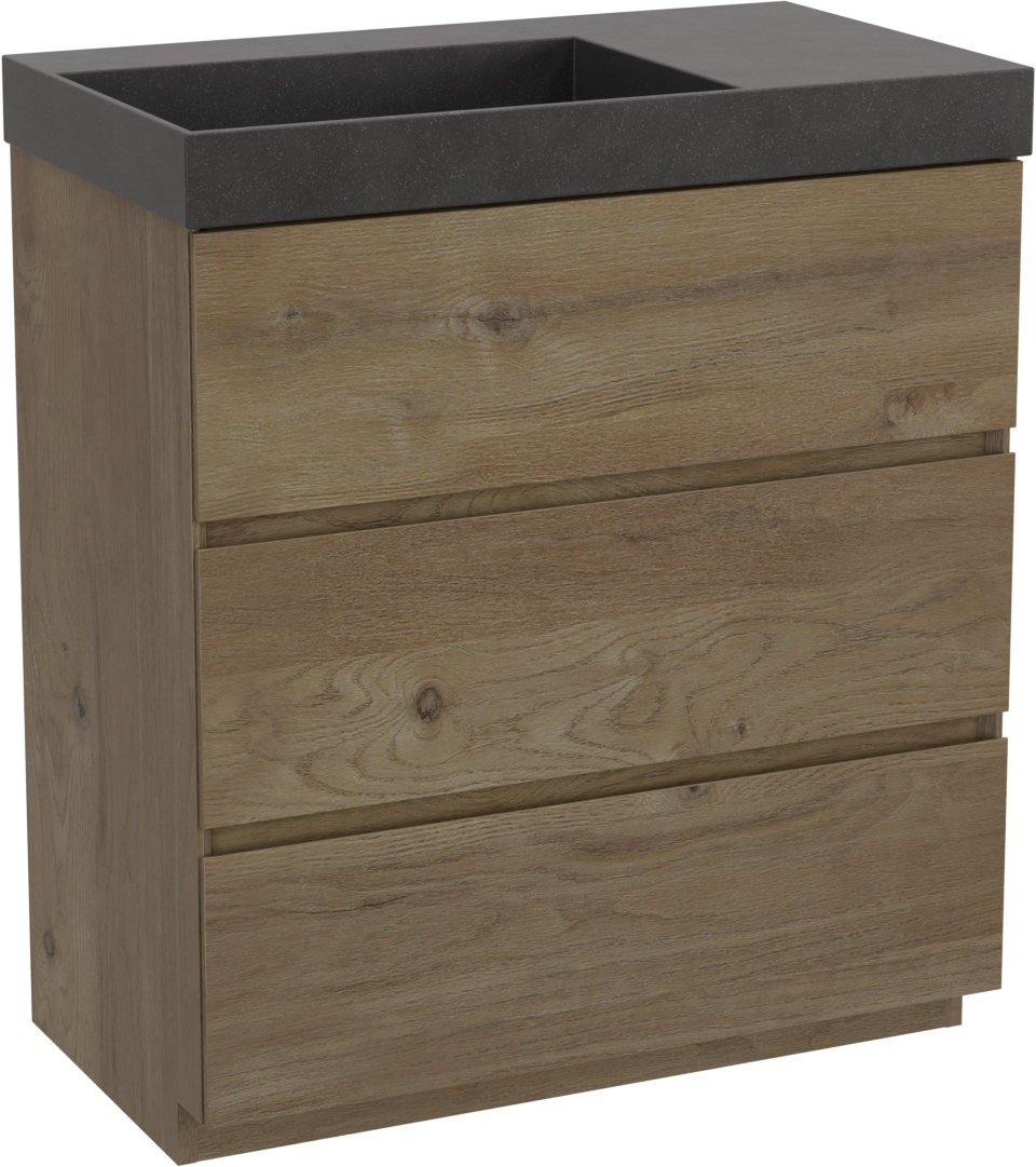 Storke Edge meuble salle de bains à poser 80 x 46 cm chêne brut avec Jura plan vasque asymétrique à gauche en quartz noir mat