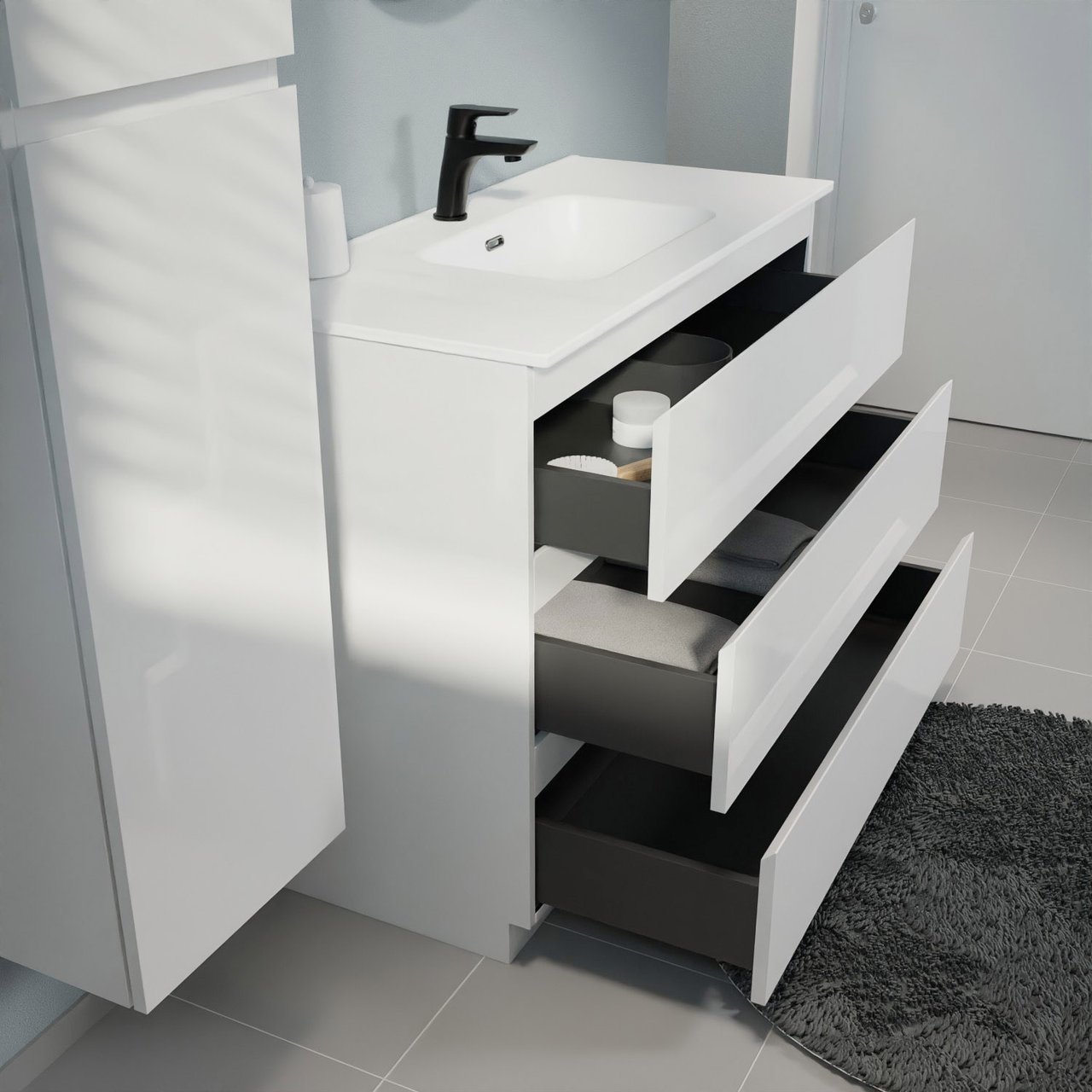 Linie Lado meuble salle de bains à poser 100 x 46 cm blanc mat avec Baro plan simple en porcelaine blanc mat