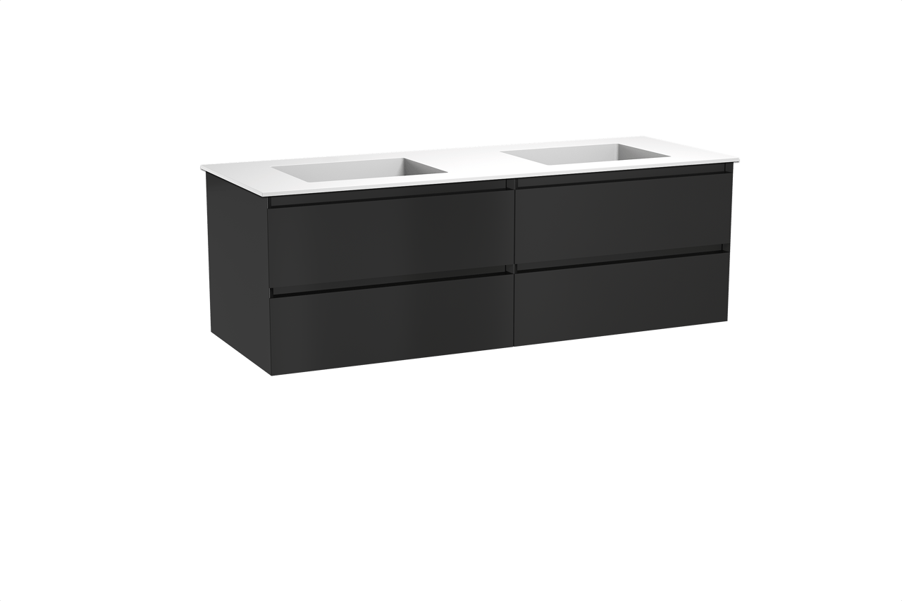 Balmani Mitra meuble salle de bains suspendu 150 x 55 cm noir mat avec Tablo Stretto double vasque en solid surface blanc mat