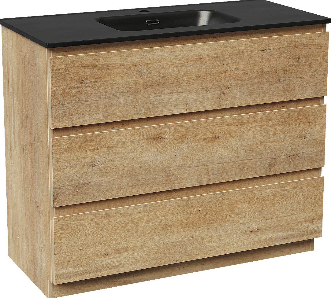 Linie Lado freistehendes Möbelstück Set: 100 x 46 cm, Naturbelassene Eiche, mit Baro Einzelwaschtisch, Porzellan Schwarz matt