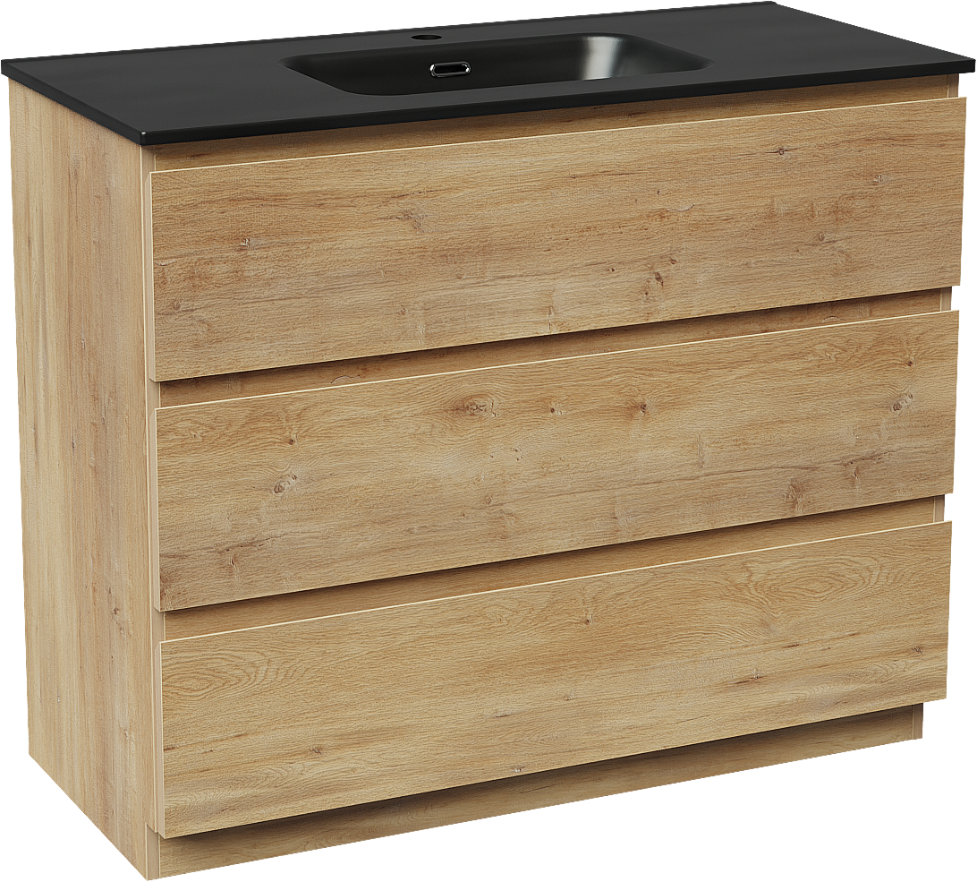 Linie Lado freistehendes Möbelstück Set: 100 x 46 cm, Naturbelassene Eiche, mit Baro Einzelwaschtisch, Porzellan Schwarz matt