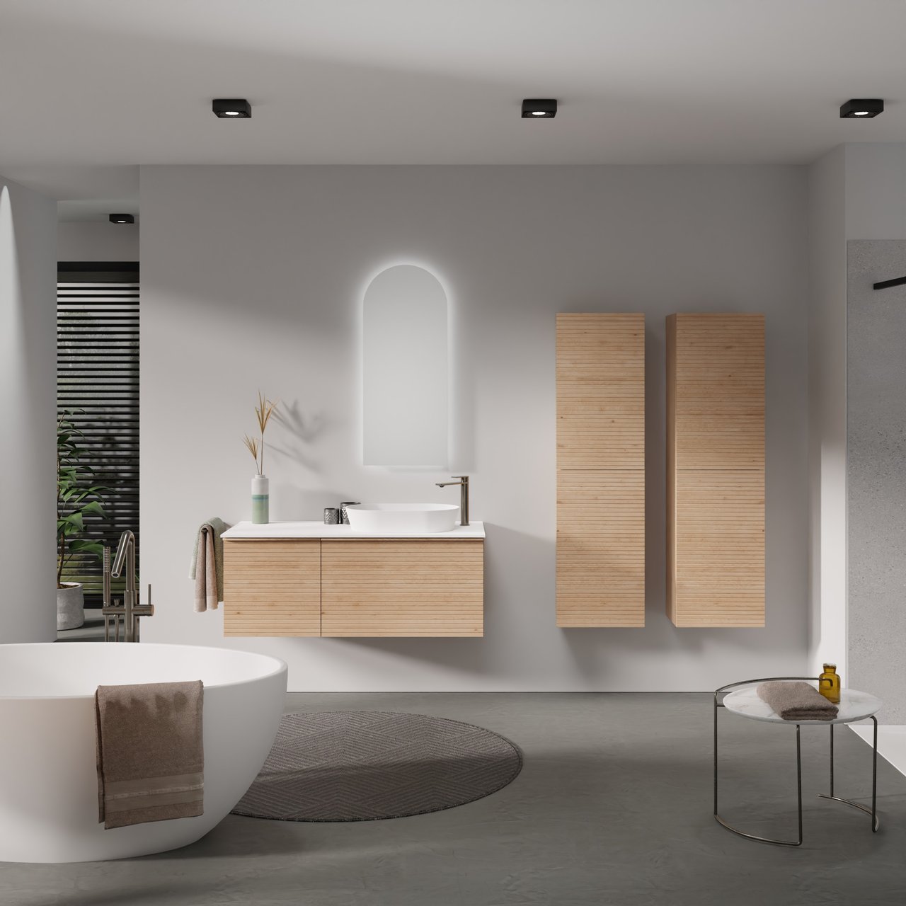 Balmani Forma zwevend badmeubel 120 x 55 cm naturel eiken met Stretto enkel of dubbel wastafelblad in solid surface mat wit, Horizontale symmetrische rechte ribbel