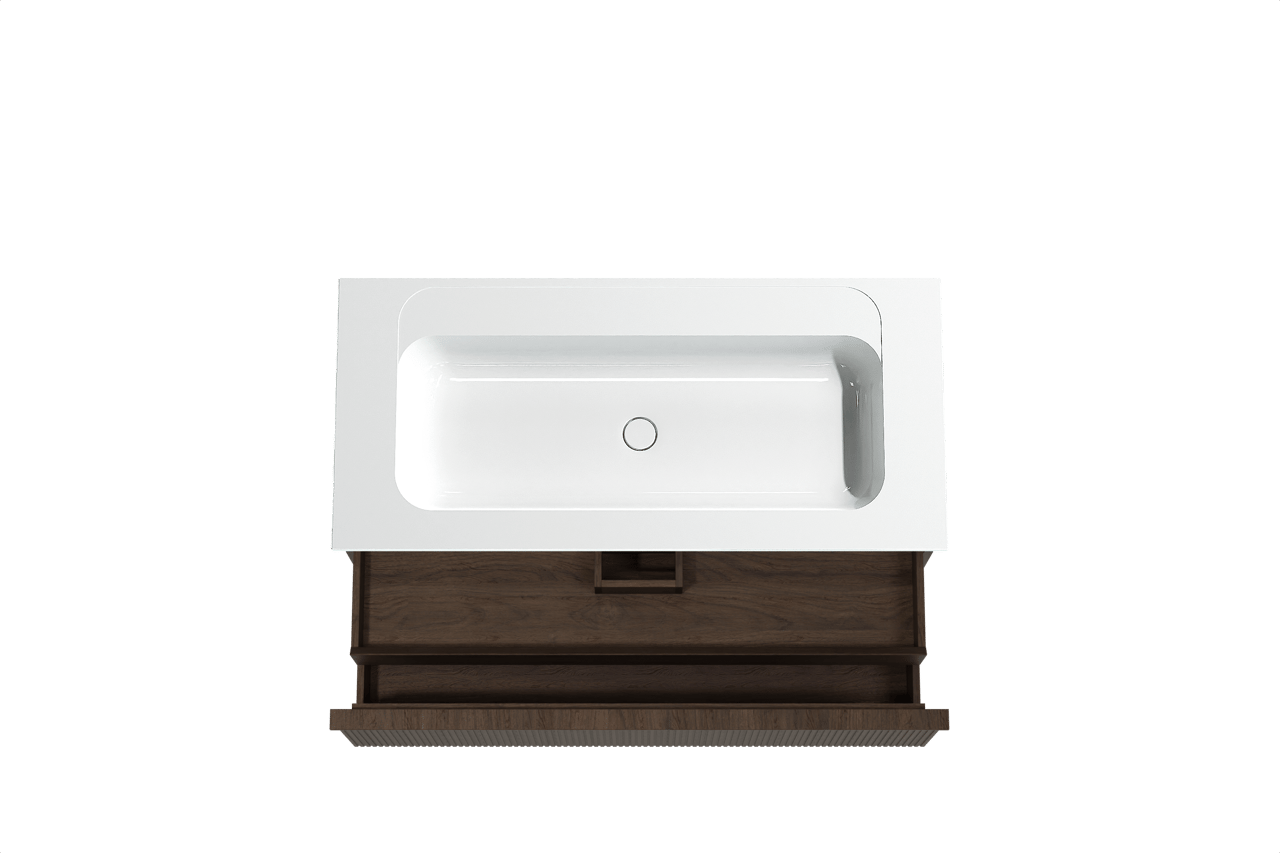 Balmani Forma zwevend badkamermeubel 120 x 55 cm gerookte eik met Tablo Strada enkele wastafel in composietmarmer glanzend wit, Verticale symmetrische rechte ribbel