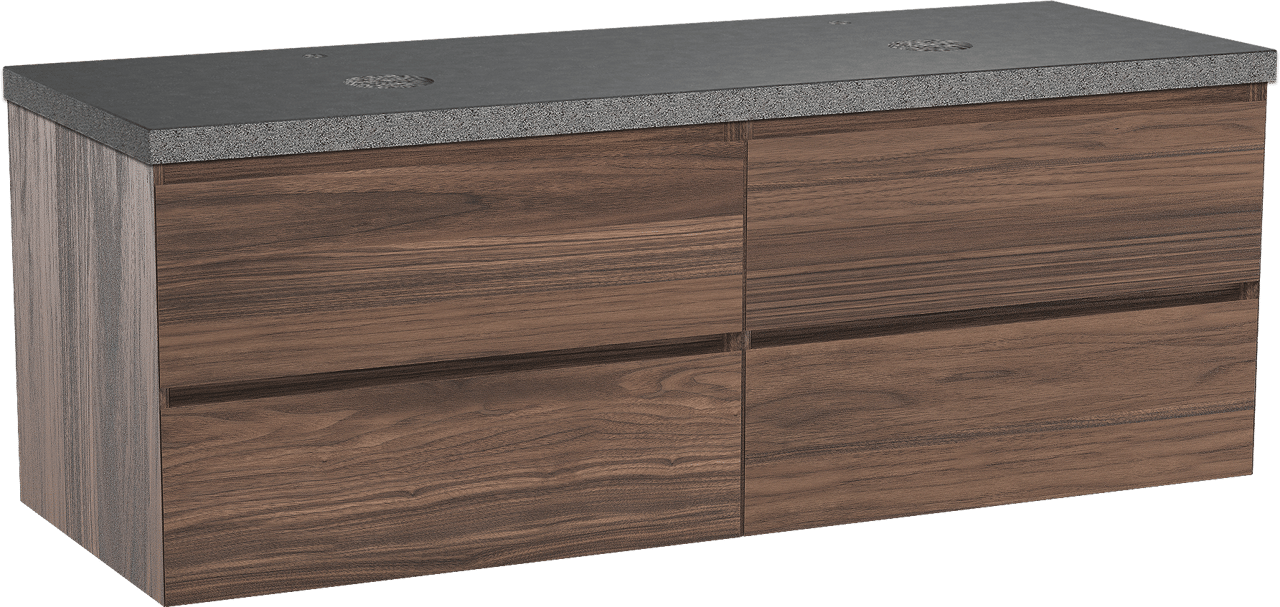 Balmani Mitra hängendes Möbelstück Set: 150 x 55 cm, Nussbaum, mit Rock Doppel Waschtischplatte, Schwarzes Granit