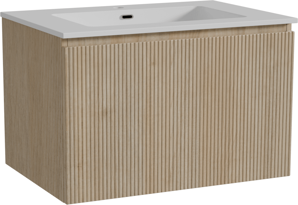 Storke Ribs zwevend badmeubel 75 x 52 cm ruw eiken met Diva enkele wastafel in composietmarmer hoogglans wit, Verticale symmetrische rechte ribbel