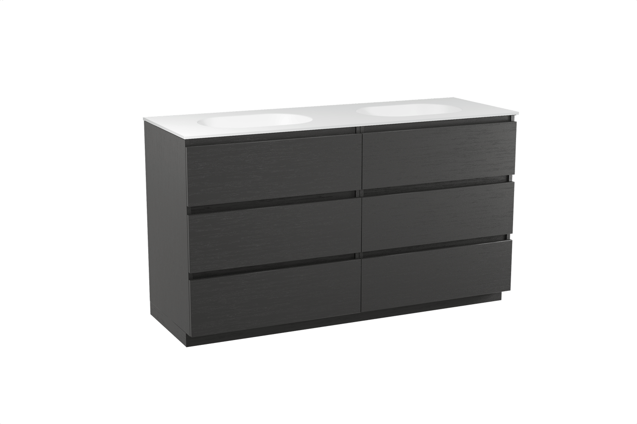 Balmani Lucida staand badkamermeubel 150 x 55 cm zwarte eik met Tablo Oval dubbele wastafel in solid surface mat wit