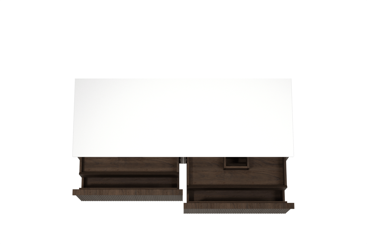 Balmani Forma meuble salle de bains suspendu 150 x 55 cm chêne fumé avec Stretto tablette simple ou double en solid surface blanc mat, Nervure droite symétrique verticale