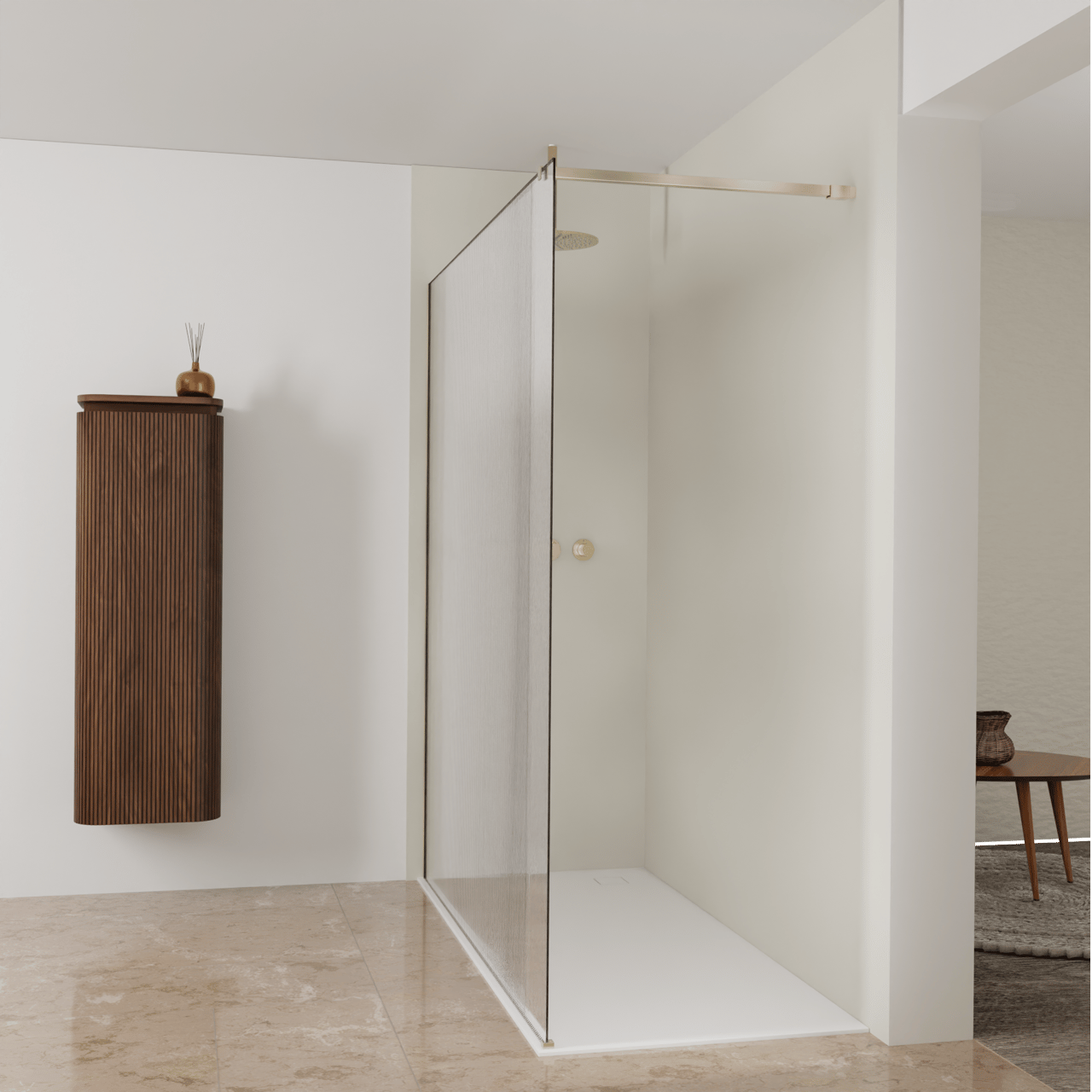 Balmani Modular inloopdouche: 180 x 200 cm, Ribs met coating, Brushed Champagne Gold profielen
