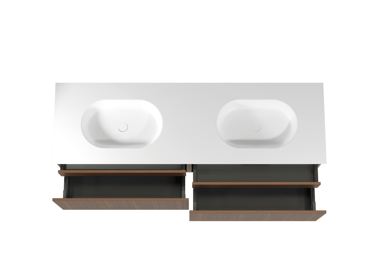 Balmani Sfera hängendes Möbelstück Set: 180 x 55 cm, Amerikanischer Nussbaum, mit Tablo Oval Doppelwaschtisch, Solid Surface Weiß matt