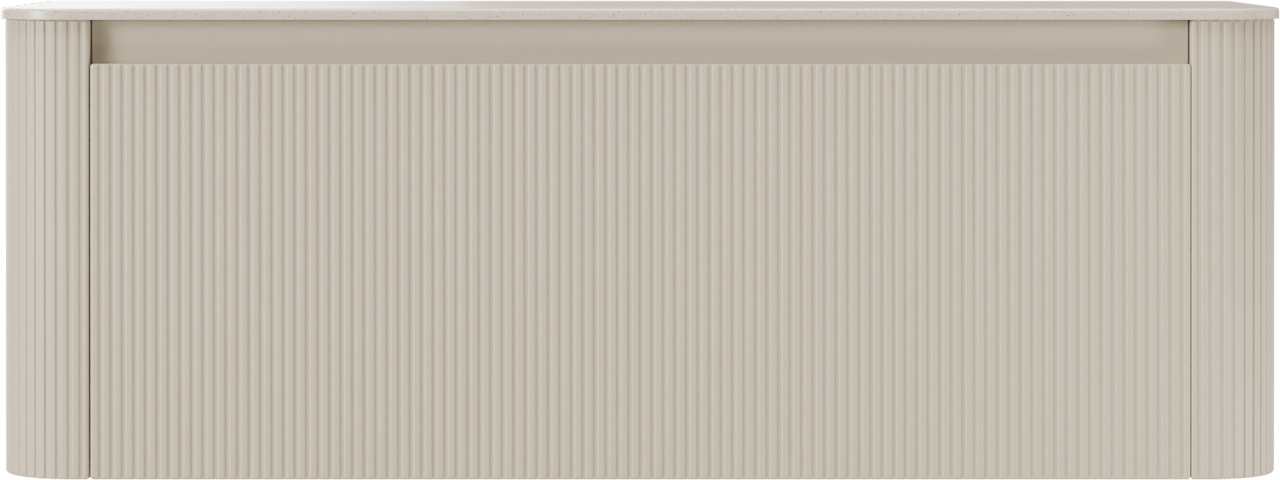 Storke Soft zwevend badkamermeubel 140 x 46 cm Sand mat met Tavola Soft enkele of dubbele tablet in solid surface beige granita, Verticale symmetrische rechte ribbel