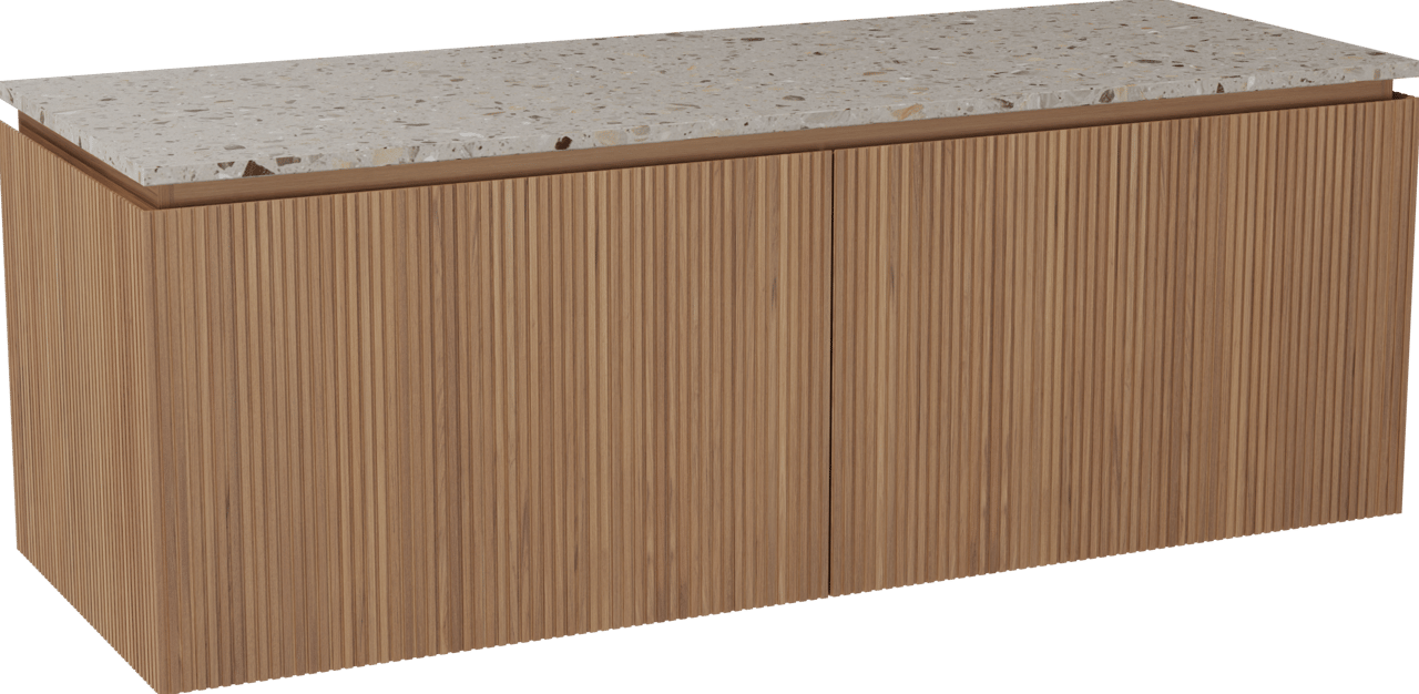 Balmani Eclips hängendes Möbelstück Set: 150 x 55 cm, Teak, mit Stretto Einzel- oder Doppel Waschtischplatte Greige Terrazzo, Vertikale symmetrische gerade Rippe