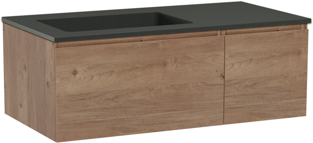 Storke Edge zwevend badmeubel 100 x 52 cm ruw eiken met Scuro asymmetrisch linkse wastafel in kwarts mat zwart