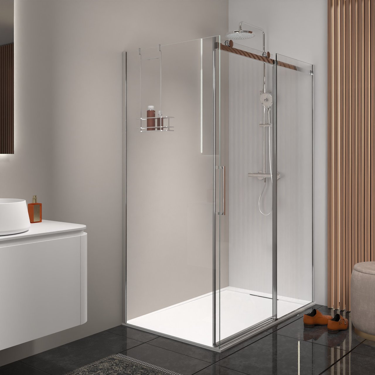 Luca Varess Boltano paroi de douche avec porte coulissante et paroi latérale fixe, 160 x 90 cm, verre transparent, profil chrome