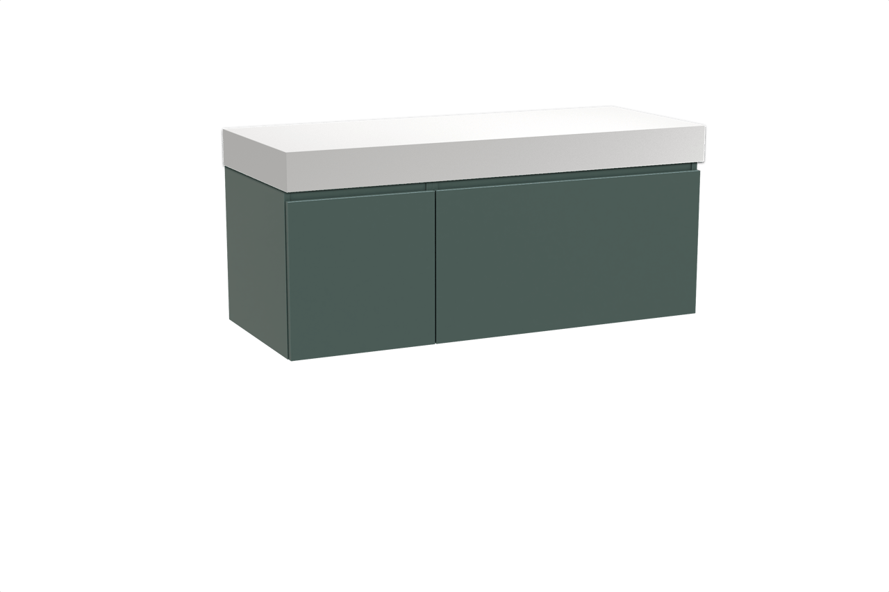 Balmani Sfera hängendes Möbelstück Set: 135 x 55 cm, Forest, mit Dominus Einzel- oder Doppel Waschtischplatte, Solid Surface Weiß matt